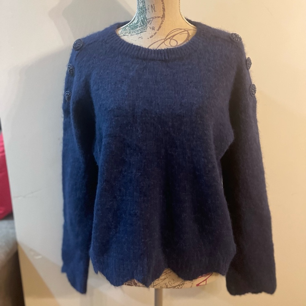 Elie Tahari Deep Navy Crewneck Sweater with Shoulder Buttons